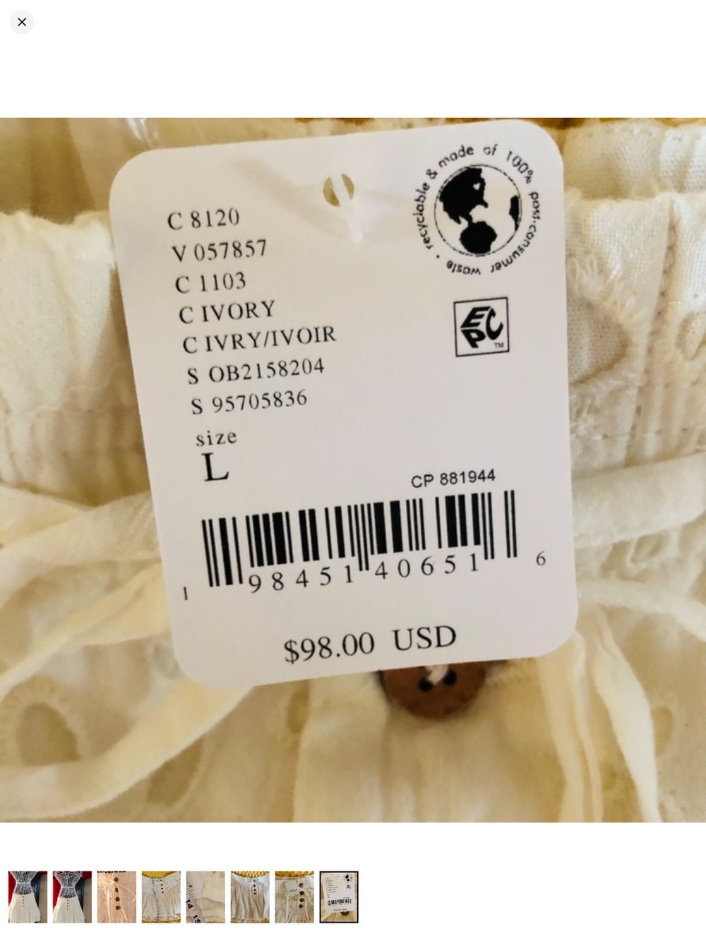 Free People Roselle Eyelet Skirt in Ivory size large - Picture 8 of 8